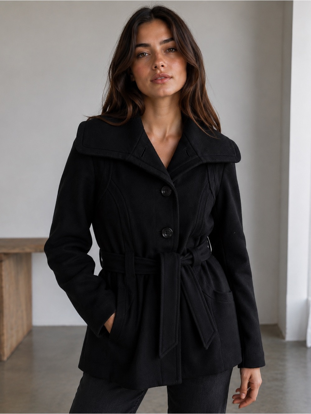Ricki's Black Botton Up Wool Blend Pea Coat With Belt